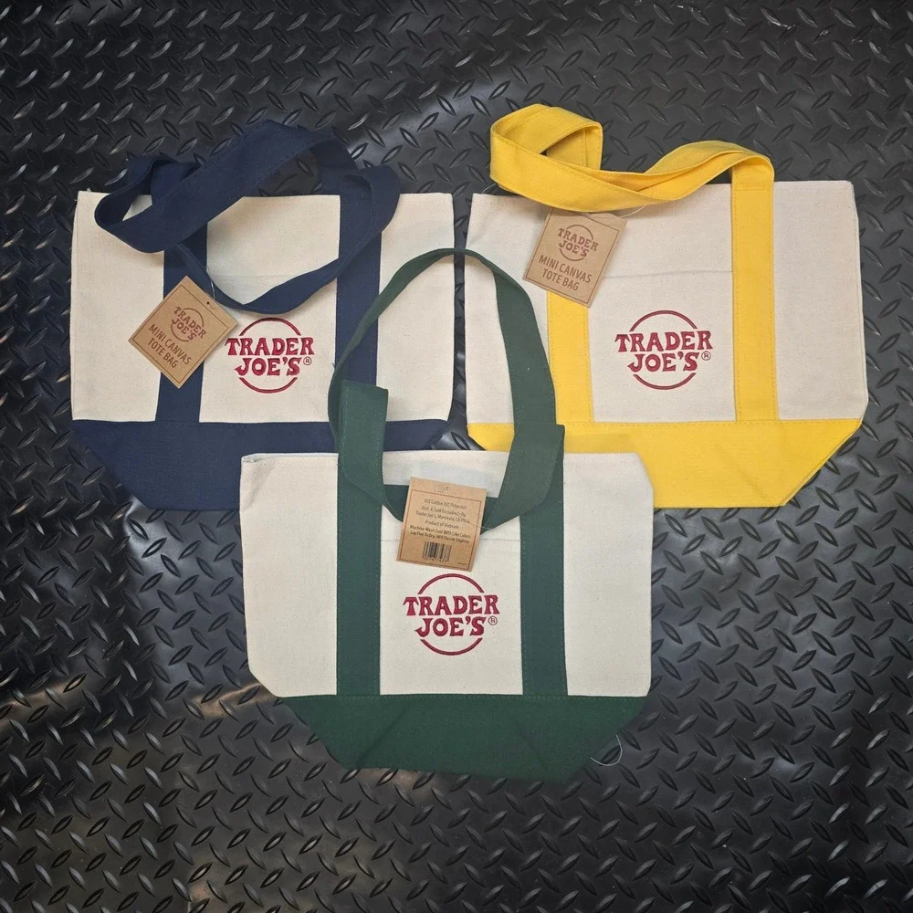 Trader Joe's Mini Canvas Tote Bag‎ Set of 3 Navy Green Yellow New NWT
